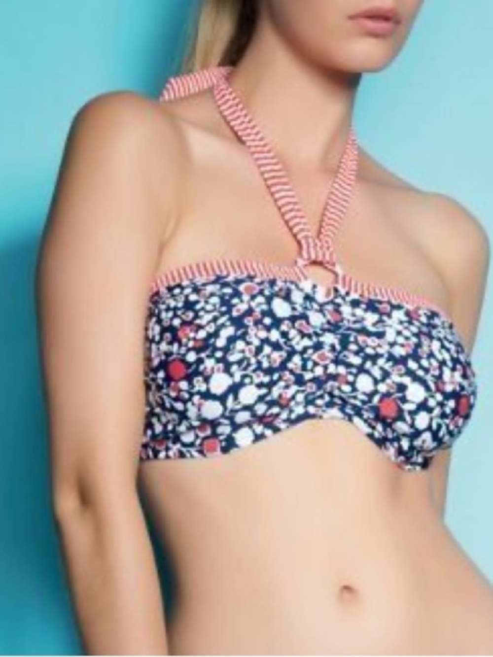 New Freya Navy Floral Bandeau Bikini Top with Red Stripe Trim Size L